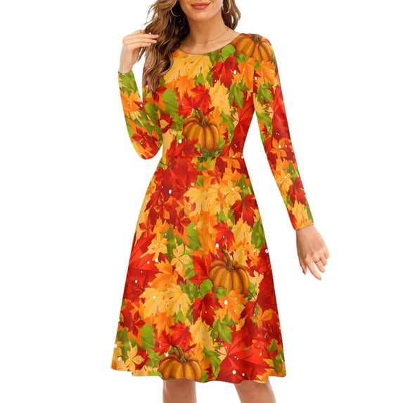 Suhoaziia Fall Clothes for Women Maple Leaf Graphic Print Womendress Lightweight Breathable School Preppy Skater Skirt with Sleeves3XL