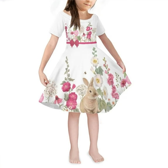 Suhoaziia Flower Rabbit Twirly Dresses for Little Girls Swing Twirl Clothes Little Girls Dress Up Clothes for Vacation Dating Going Out Novelty Stretchy Twirly Skater Dress Size 11Y-12Y