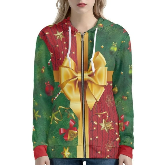 Suhoaziia Funny Zip Up Hoodies for Women Size Xl Christmas Novelty Gift Box Bow Graphic Print Tops Lightweight Thin Self Cultivation Sweatshirt