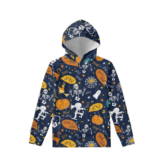 Suhoaziia Halloween Novelty Hoodies for Teen Pumpkin Cute Head Skeleton Spider Web Print Boys Outdoor Activities Streetwear 8-10 Year Old