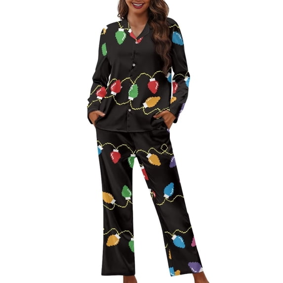 Suhoaziia Holiday Pajamas for Women Tops with Jogger Sweatpants Warmth Matching Set Button Nightclothes Skin Friendly Daily Wear Sleepwear Print Graphic Christmas Lamp Size XL