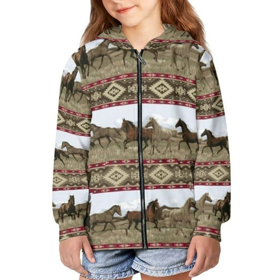 Suhoaziia Hoodies Zipper for Boys Sweatshirt Ethnic Geometric Aztec Horse 11-13Y Boy Girl Hooded Fashion Athletic Clothing Jacket Graphic Outwear Fashion Running Daily Wear