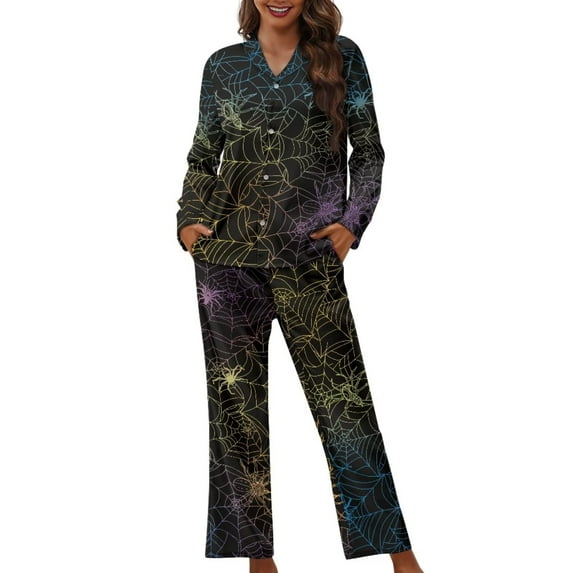 Suhoaziia Nightwear for Women Pajama Breathable Relaxed Home Halloween Spider Web Loungewear Multi-Season Holiday Casual Round Neck Elastic Full-length Warmth Clothing Size S