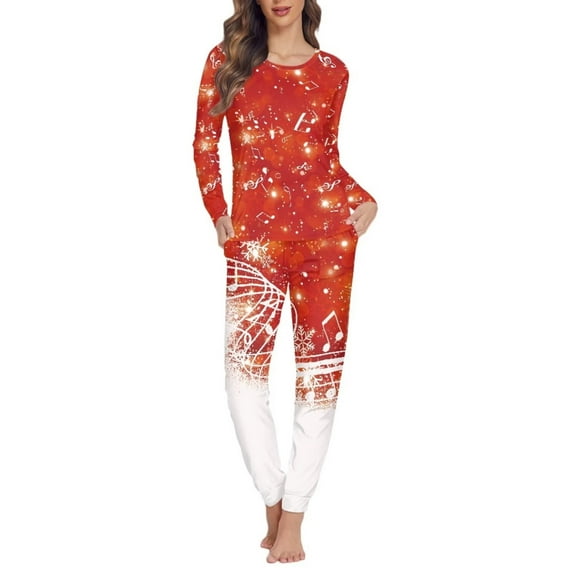 Suhoaziia Nightwear for Women Pajama Skin Friendly Jogger Lounge Wear Fall Clothing Home Life Size XL Sleep Set Snug-Fit Long Sleeve Top Pants Elastic Christmas Notes Outfits