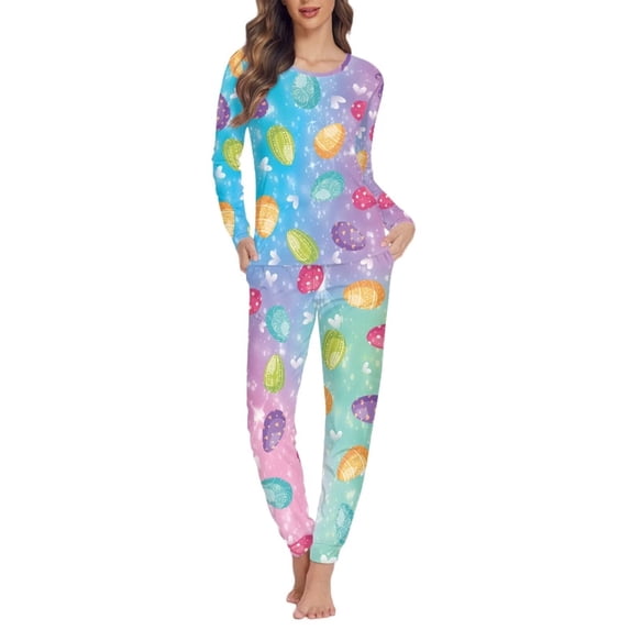 Suhoaziia Painting on Eggshell Sleepwear for Women Pajama Set 2 Pieces Long Sleeve Top & Pants Sweatshirt Size XL,Easter Skin Friendly Athletic Fall Clothing Size 4XL