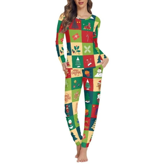 Suhoaziia Pajama Pants for Women with Long Sleeve Top & Pants Multi-Saeson Crew Neck Novelty Sleep Set,Size S,Ladies Christmas Check Plaid Print Sleep PJ Lounge Wear