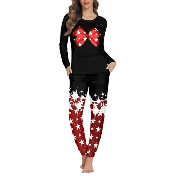 Suhoaziia Pajama Sets for Women Soft Lightweight Nightwear Round Neck Long Sleeve Stretchy Daily Wear PJ's Set Warmth Pants Bottoms Bow Tie Print Graphic Shirt 4XL