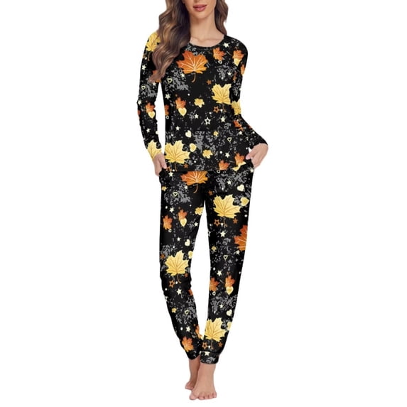 Suhoaziia Pajama Sets for Women Soft Stretchy Sleepwear 2-Pack Thanksgiving Maple Leaf Pants Stretchy Outfit Casual Indoor Round Neck Breathable Comfy Pjs Size 2XL
