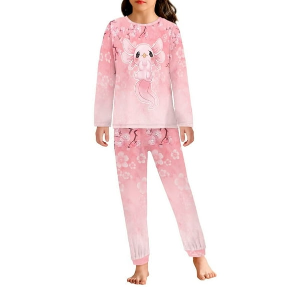 Suhoaziia Pajamas for Kids Casual Polyester Cherry Blossom Axolotl Lounge Wear Long Sleeve Home Life Outfits Skin Friendly Crew Neck Indoor Sleepwear 5-6Y Durable Stretchy Suit