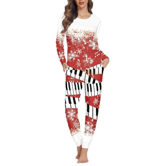 Suhoaziia Pajamas for Ladies Home Life Elastic Nightwear Size 4XL,Piano Snowflake Fall Clothing Chriatmas Gift Warmth Sweatsuit 2pcs Graphic Long Sleeve Top & Pants