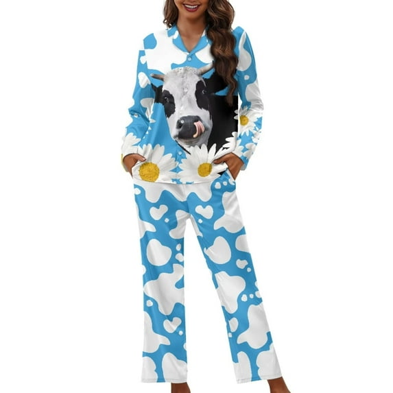 Suhoaziia Pajamas Pants for Women Print Graphic Cow Stripe Chrysanthemum Snug-Fit Jogger Lightweight Button Sleepwear Durable Skin Friendly Suit Crewneck Lounge Wear Size 4XL Womens Daily Wear