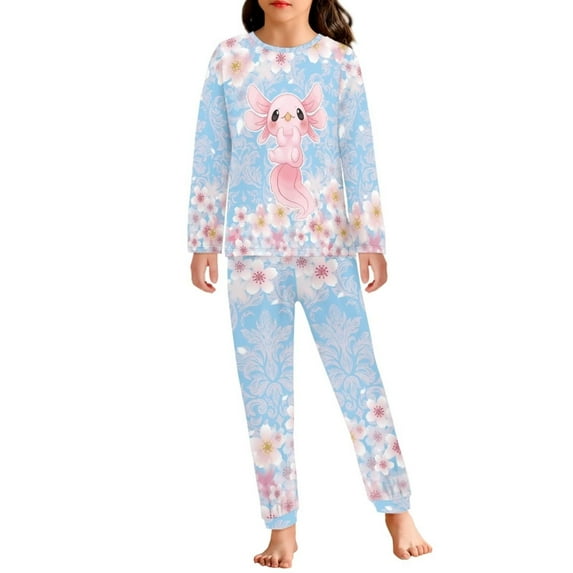 Suhoaziia Pajamas Set for Girls Comfortable Skin Friendly Pink Sakura Axolotl Lounge Wear Sleep Set 2 Pieces Lightweight Spring/Fall Clothing Long-Sleeve Fit 9T-10T Children