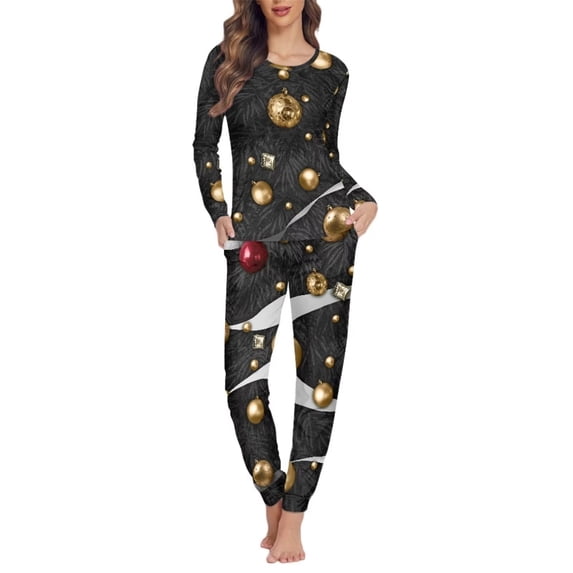 Suhoaziia Pajamas for Women Set Plus Size 6XL Crew Neck Outfits 2-Pieces PJ,Christmas Balls Indoor Home Life Stylish Sleepwear Snug-Fit Fall Christmas Clothing