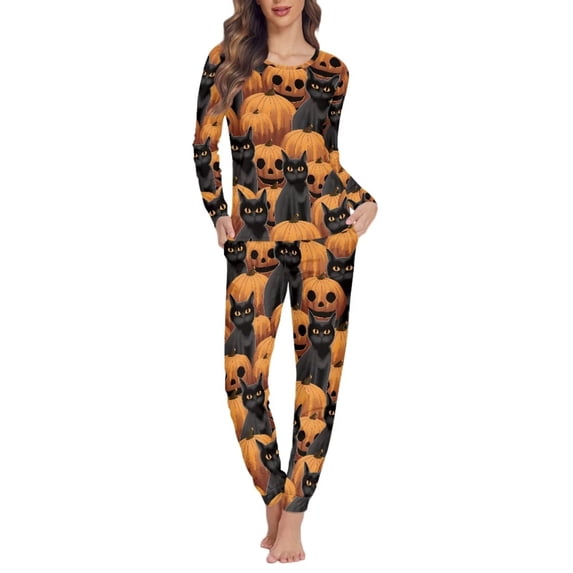 Suhoaziia Pajamas for Women Set Skin Friendly Comfortable Nightwear Durable Lounge Wear Size M for Leisure Time Tracksuit Long Sleeve Yoga 2 Packs Pumpkin Head Night Cat Pjs