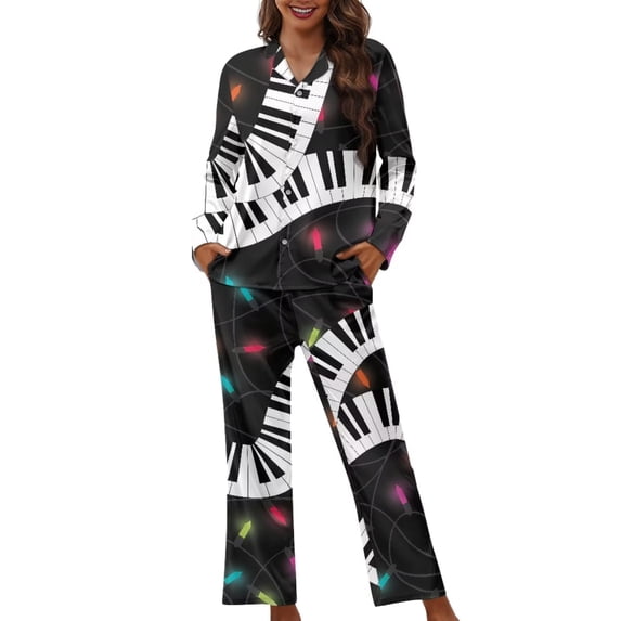 Suhoaziia Pajamas for Women Soft Comfy Nightclothes Print Graphic Music Piano Long Sleeve Tops with Long Pants Novelty Loose Fitting Crewneck Button Loungewear Size L