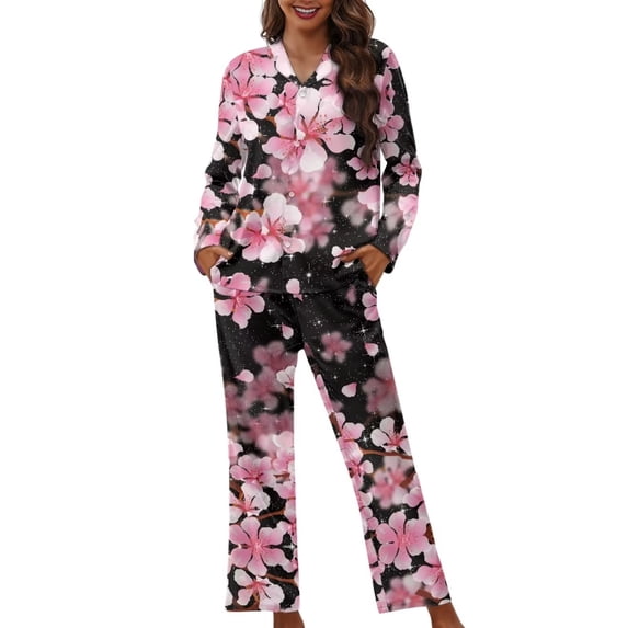 Suhoaziia Pink Cherry Blossoms Sleepwear for Women Nightgown Size S Comfortable Polyester 2 Pieces Nightwear Breathable Snug-Fit Sleep Set Long Sleeve Cozy Up Button-Down Outfits