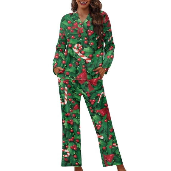 Suhoaziia Pj Set for Women 2 Pieces Pants Warmth 2-Piece Pinecone Candy Canes Sleepwear Round Neck Home Life Button-Down Pajama Lingerie Aesthetic Holiday Pj Set Warmth Lounge Wear S