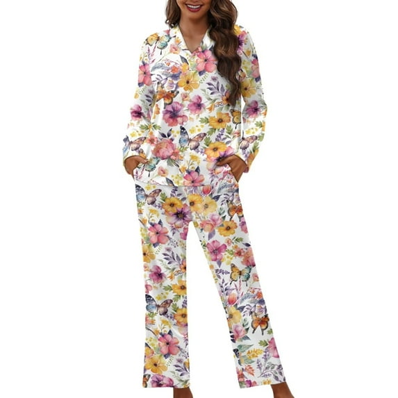 Suhoaziia Pj Set for Women 2 Pieces Skin Friendly Vintage Flower Loungewear Super Soft Pajama Lingerie Softness Novelty Round Neck Daily Wear Button-Down Tracksuit Size XS