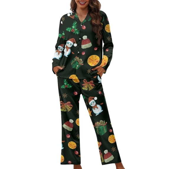 Suhoaziia Plus Size Pajamas for Women Lightweight Loose Fitting Walking Snowman Hat Gift Spring/Fall Clothing Button Down Loungewear Super Soft Sleepwear Family Gift Size L