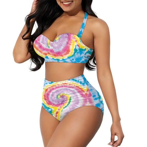 Suhoaziia Rainbow Spiral Tie Dye Bathing Suits for Women 2 Piece Bikini Swimwear Halter Ruched Bathing Suit Size 2XL Backless Ruched Ruffle High Waist Bikini Tops with Cups