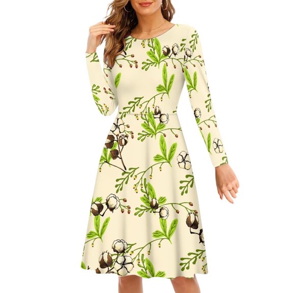 Suhoaziia Skater Skirts for Women Knee Length Novelty Kapok Leaves Print Ladies Clothing Crew Neck Loose Casual Going Out A-Line T-Shirt Dress with Sleeves2XL