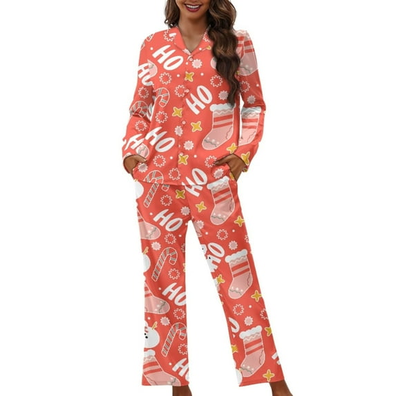 Suhoaziia Sleepwear for Women Nightgown Christmas Socks Spring/Fall Clothing Novelty Polyester Elastic 2 PCS Pajama Lingerie Round Neck Durable Long Pants with Pocket Size M