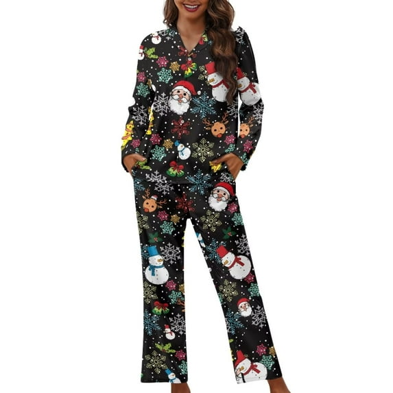 Suhoaziia Sleepwear for Women Nightgown Fashion Lightweight Pajamas Top and Pants Size XL Crew Neck Print Graphic Santa Claus Snowman Button-Down Daily Wear Long Pants with Pocket