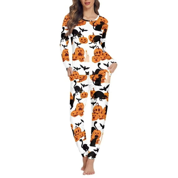 Suhoaziia Sleepwear for Women Pajama Set Halloween Gift Skin Friendly Size XL,Night Cat PumpkinFashion Print Graphic Indoor Lounge Wear Multi-Saeson 2-Pack PJ's Set