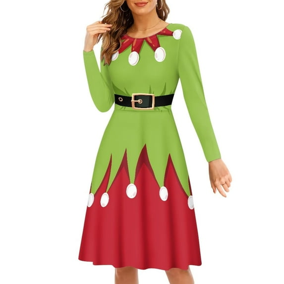 Suhoaziia Spring Dresses for Women Size M Ugly Christmas Elf Print Womendress Comfortable A-Line Playwear Elegant Outdoor Activities Swing Skater for Lady with Sleeves