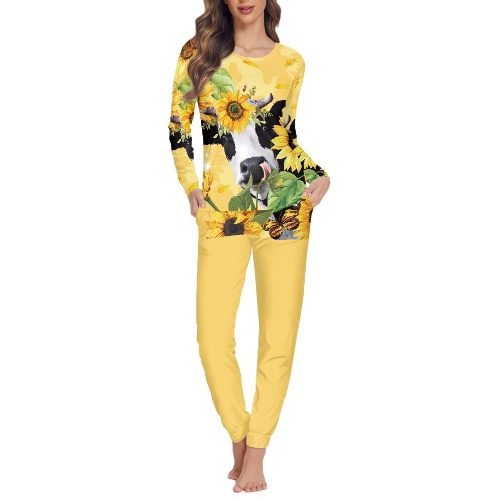 Suhoaziia Sunflower Cow Pajamas for Ladies Fulllength MultiSeason