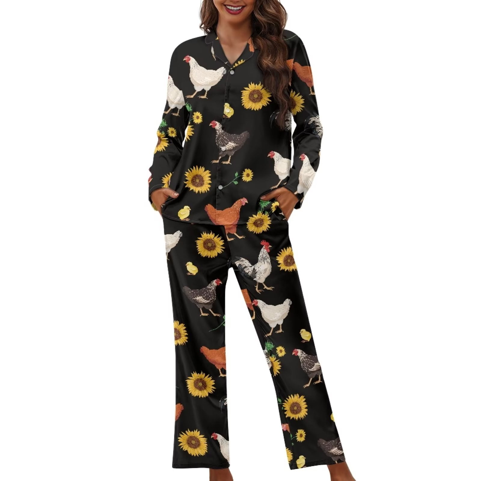 Suhoaziia Sunflower Rooster Pajamas for Women Set Pant Size S Skin