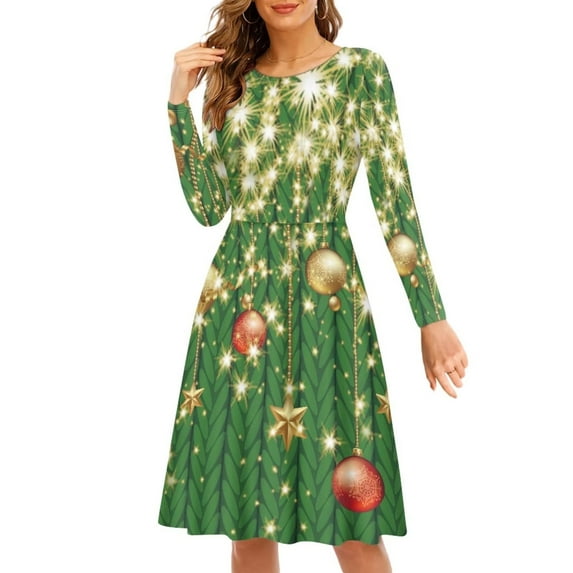Suhoaziia Swing Skirts for Women Trendy Midi Length Size M Sparkling Christmas Tree Bells Print Tshirt Dress Long Sleeves Breathable Jumpskirt Casual Going Out Streetwear