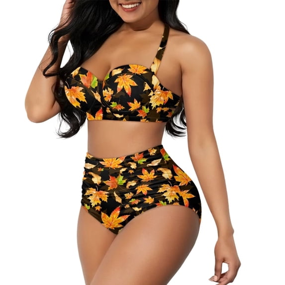 Suhoaziia Thanksgiving Maple Leaf Swimwear for Women 2 Piece Light & Soft Skin-Friendly Swimsuit Girls Ruched Tie Knot Sporty Bikini Underwear for Beach Pool Travel Size S