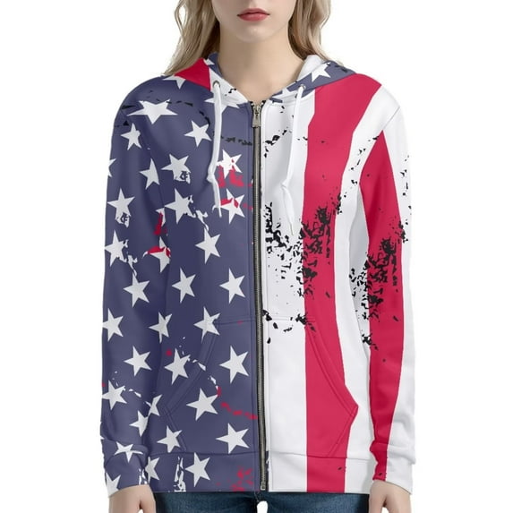 Suhoaziia Unisex Zip Up Hoodies for Women Classic American Flag Graphic Print Streetwear Autumn Long Sleeve Drawstring Wear with Pocket Size 2XL
