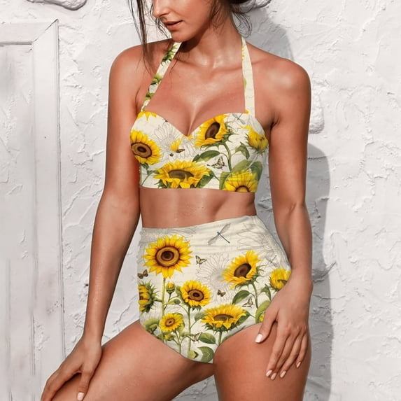 Suhoaziia Vintage Sunflower Bikinis for Women Plus Size Comfortable Skin-Friendly High Waist Bikini for Teenage Girls Backless Crisscross Lace Up Tankini Swimwear Size S