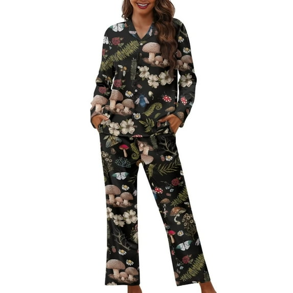 Suhoaziia Warm Pajamas for Women Winter Plant Botanical Mushroom Leisure Comfortable Family Gift Pants Bottoms with Pocket Outfits Cozy Up Round Neck Elastic Button Nightwear Size S
