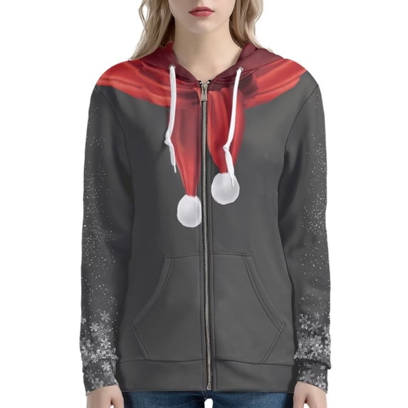 Suhoaziia Womeen Novelty Zip Up Hoodies Christmas Red Hat Graphic Drawstring Outfits Winter Soft Durable Long Sleeve Sports Jumper with Pocket Size 3XL