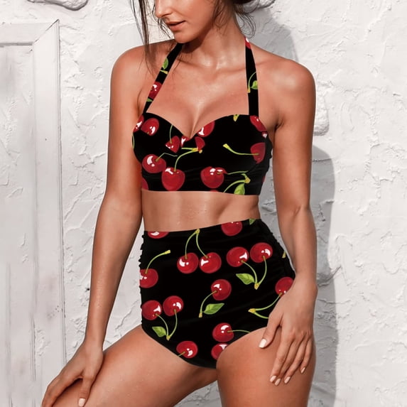 Suhoaziia Women Bikinis Tow Piece Set Skin-Friendly Comfortable High Waist Bikini Size XL,2 Pack Cherry Backless Slimming High Neck Halter Top and Bottom Set