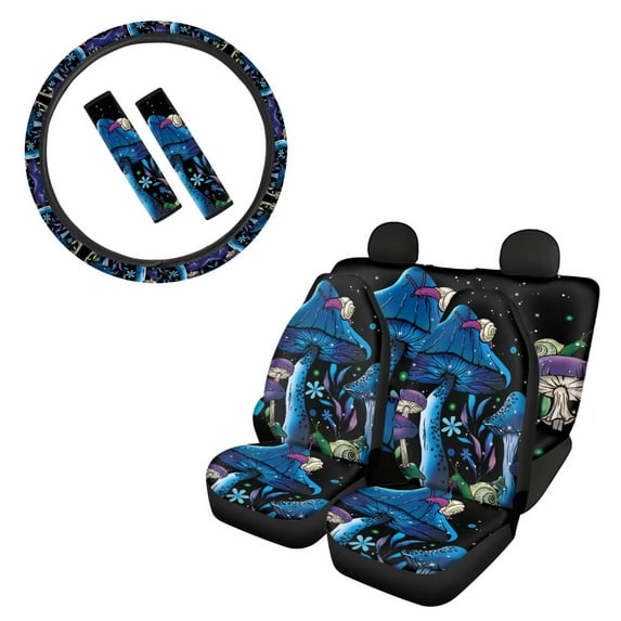 Suhoaziia Women Car Seat Covers 7 Pack Universal Fit Van Vehicle Truck,Durable Snail Mushroom Blue Split Bench Cover Auto Accessiores Set with Steering Wheel Wraps+Seat Belt Covers Pads
