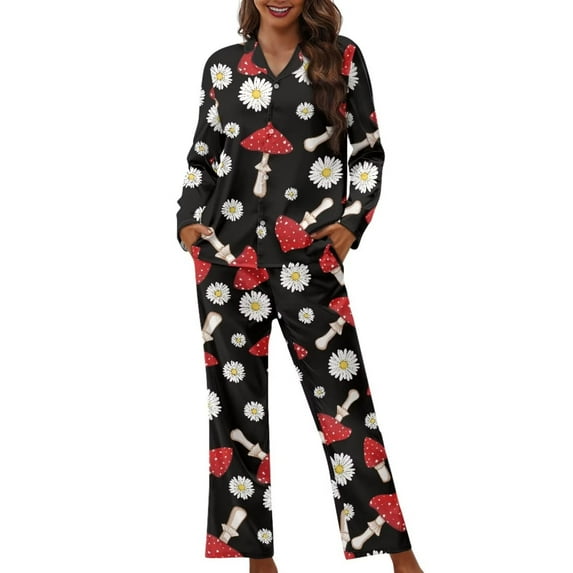Suhoaziia Women Nightwear Gown Mushroom Flower Breathable Durable Indoor T-Shirt Long Sleeve Home Suit Skin Friendly Button PJ's Set Leisure Time Sleep Long Pants Size 2XL