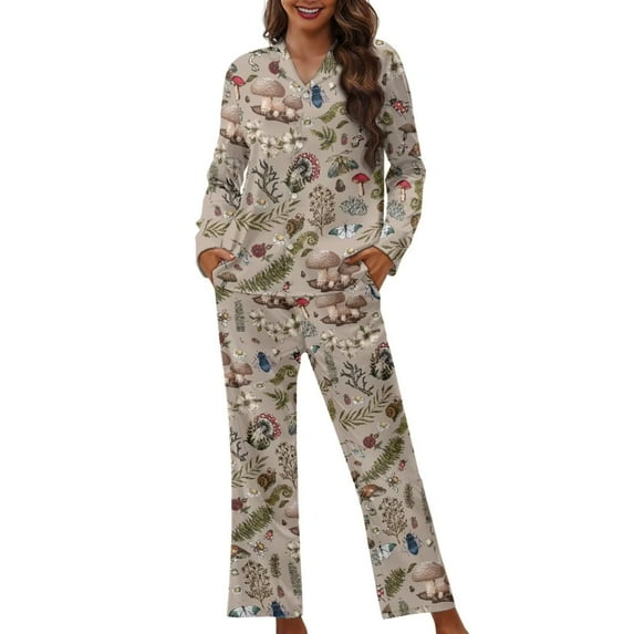 Suhoaziia Women Sleepwear Nightgown Skin Friendly Fashion Spring/Fall Clothing Softness Matching Set Button-Down Nightclothes Durable Family Gift Butterfly Mushroom Loungewear Size 3XL