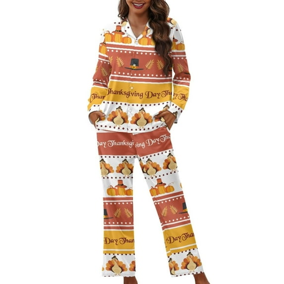 Suhoaziia Womens Pajamas with Pockets Breathable Aesthetic Thanksgiving Turkey Loungewear Skin Friendly Crew Neck Long-Sleeve Novelty Sleepwear Button-Down Shirts with Pants Size 3XL