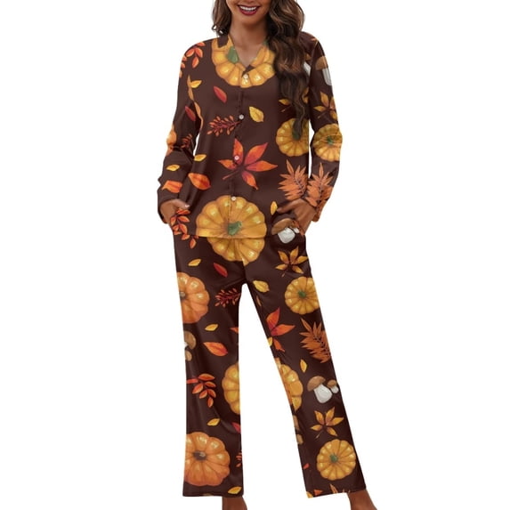 Suhoaziia Womens Pajamas with Pockets Skin Friendly Button-Down Outfits Comfy Long Sleeve Top & Pants Size M,Stretchy Fashion Novelty Comfiest Orange Leaves Turkey Loungewear