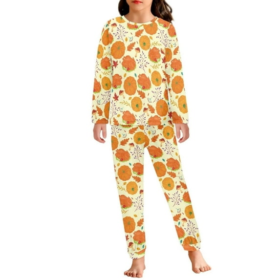 Suhoaziia Youth Pajamas Boys Leisure Nightwear Matching Set for 13-14Y Kid Daily Wear Long Sleeve Print Graphic Pumpkins Maple leaves Outfits Loungewear Athletic Tracksuit Clothes