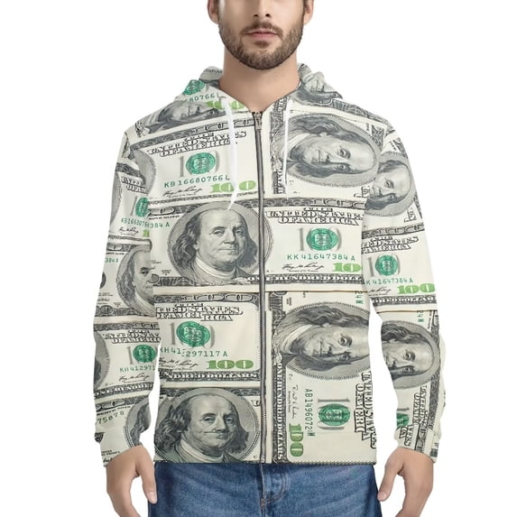 Suhoaziia Zip Up Hoodie for Men Funny Dollar Graphic Print Durable Sweatshirt Long Sleeve Elastic Loose Casual Jersey with Pocket Size 2XL