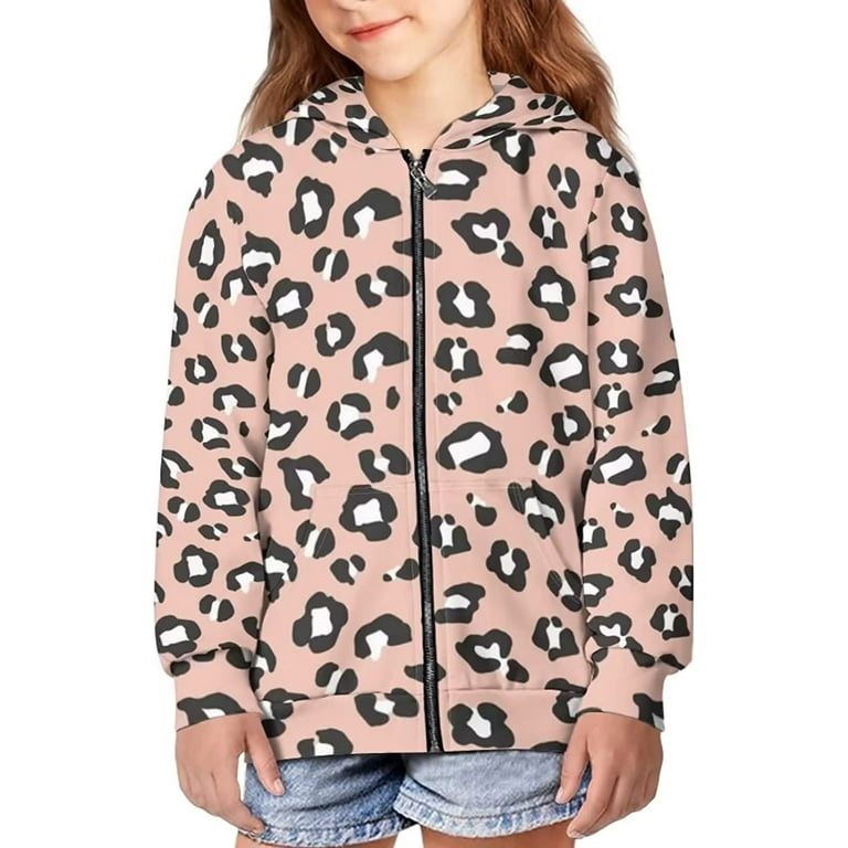Suhoaziia Zip Up Hoodies for Girls with Designs Size 11 13 Pink Leopard Print Shirt Fall Long Sleeve Outdoor Activities Jacket for Youth with Pocket