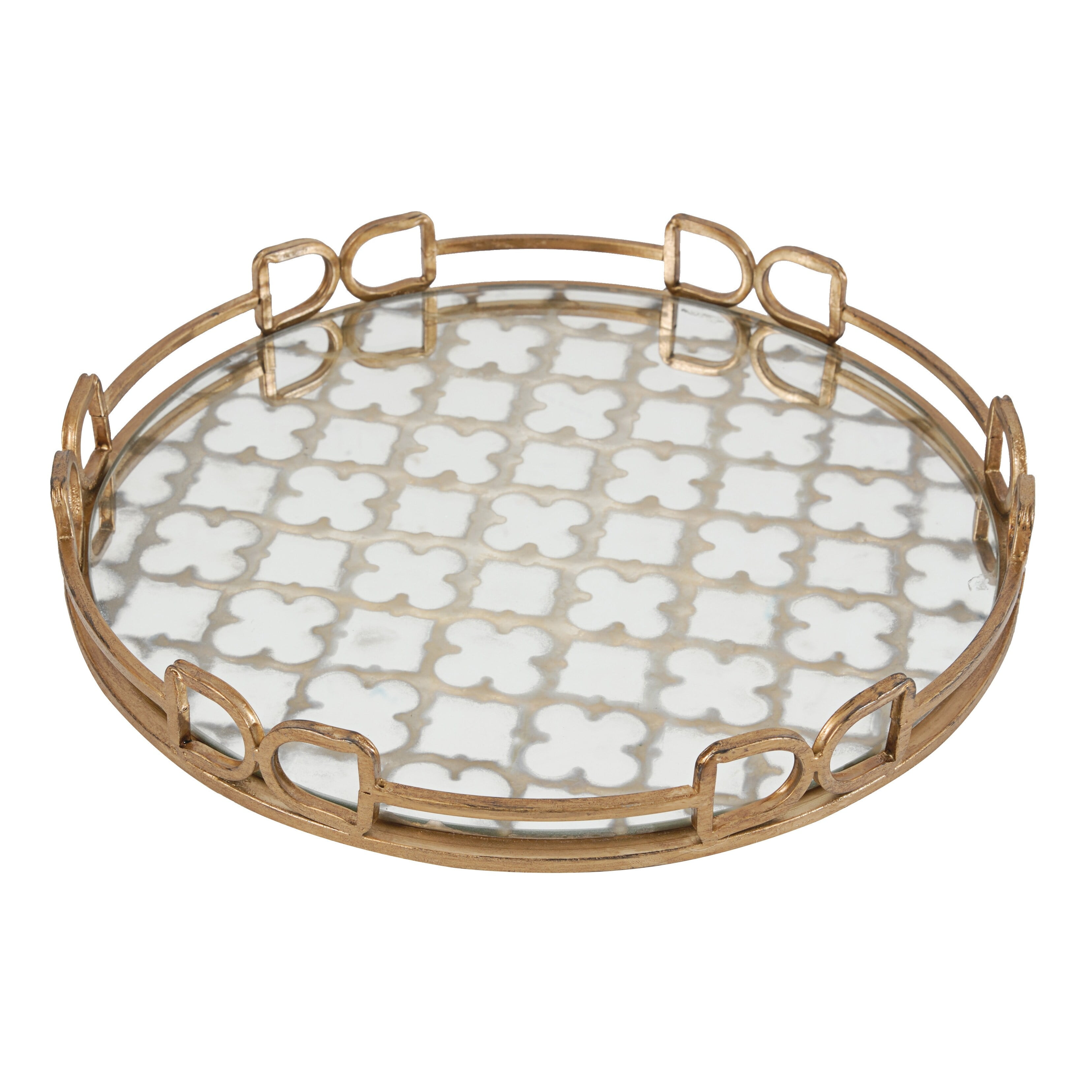 Medium Brown Wood With Metal Quatrefoil Pattern Glass Bottom Tray Medium Brown Wood With Metal Quatrefoil Pattern Glass Bottom Tray