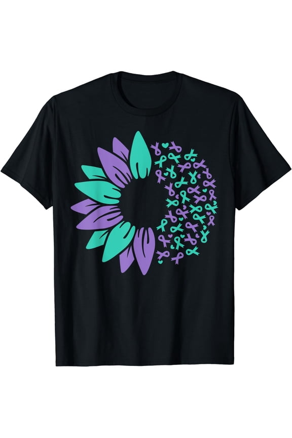 Suicide Prevention Awareness Sunflower Teal Purple Ribbon T-Shirt