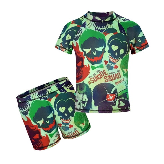 Suicide Squad Boys 2-Piece Swimsuit Set, Short Sleeve Rash Guard & Swim Trunks