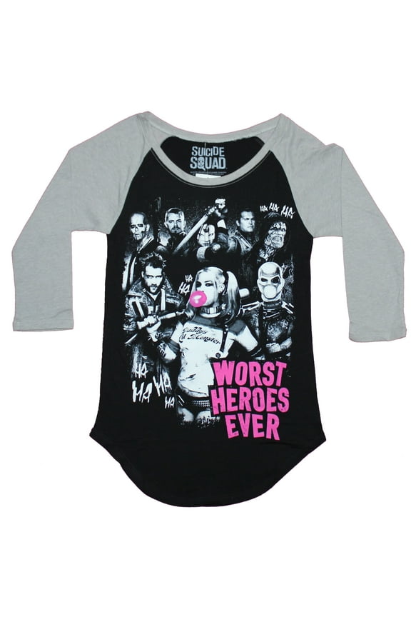 Suicide Squad Girls Juniors Ragland  T-Shirt - Worst Heroes Ever Movie Character Group (Small)